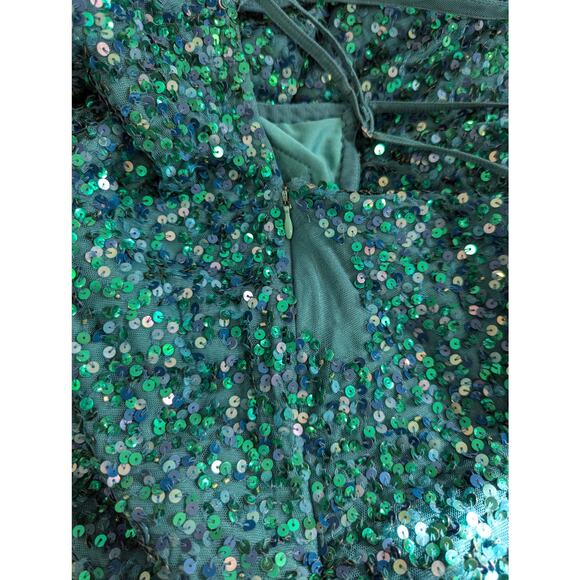 CHANDALIER LOS ANGELES! TEAL SEQUIN EMBELLISHED SHEATH GOWN, THIGH SLIT! SZ 10 - Picture 9 of 10